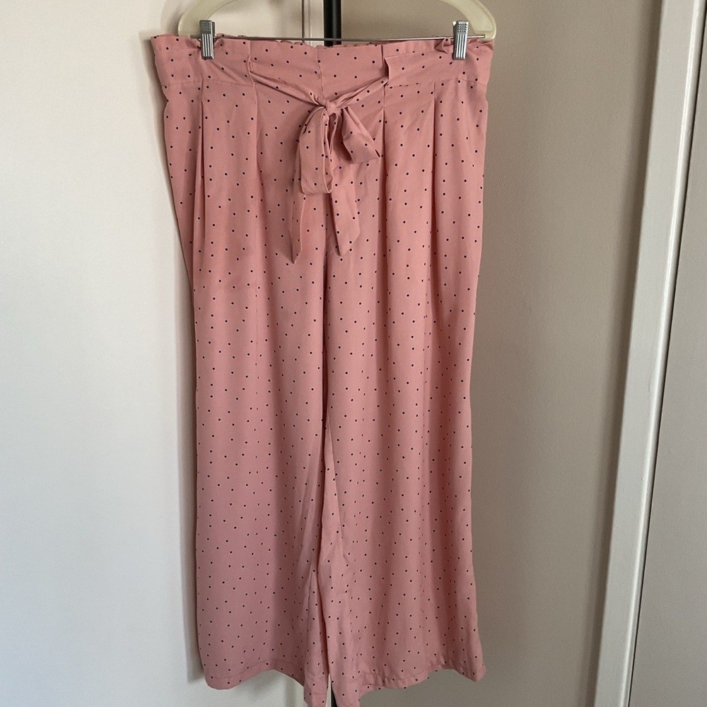 Pink Polka Dot Wide Leg Pants 3X High Rise Tie Waist Palazzo Chic